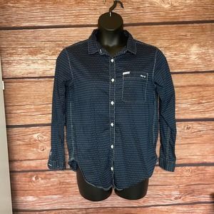 PFG Button Up Shirt L Columbia Dark Blouse White Polka Dot Blouse